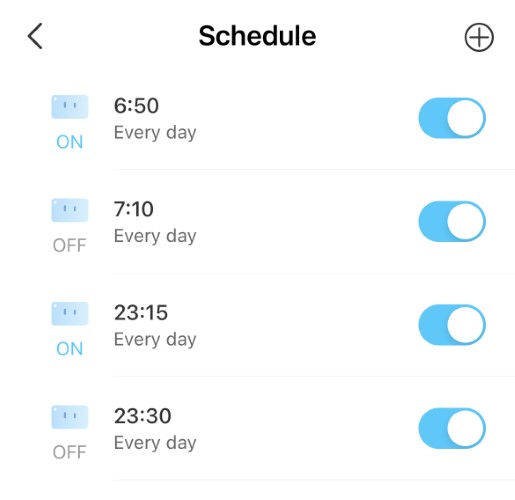 Screenshot of schedule in TP Link Tapo app