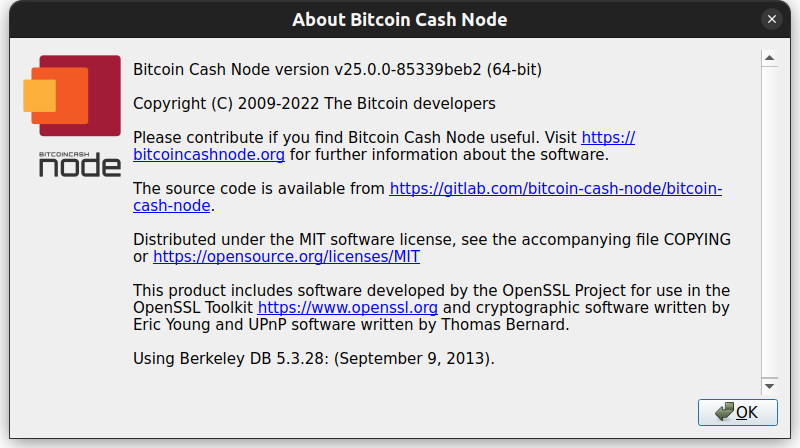 Bitcoin Cash Node "About" window showing v25.0.0